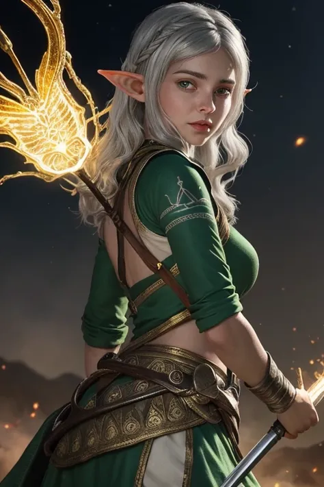 Arya, a beautiful woman elf, with her light golden skin and silver hair, leads her people in an epic battle. His green eyes shine with determination, and his bioluminescent vine-shaped tattoo on his left arm glows in the midst of battle. The scene has vibr...