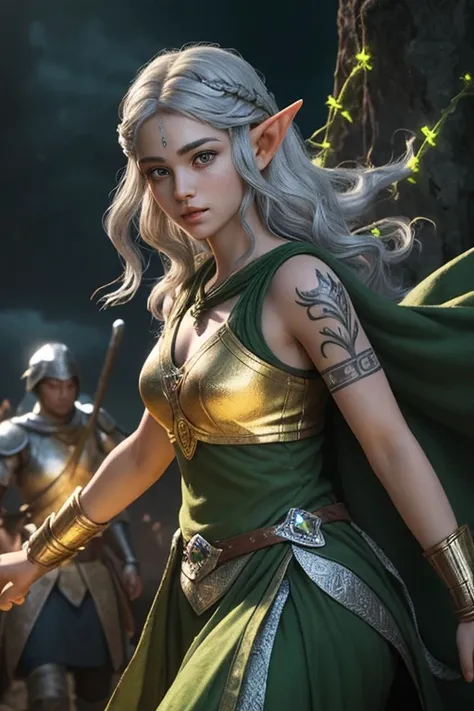 Arya, a beautiful woman elf, with her light golden skin and silver hair, leads her people in an epic battle. His green eyes shine with determination, and his bioluminescent vine-shaped tattoo on his left arm glows in the midst of battle. The scene has vibr...