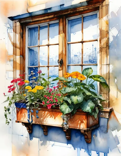 painting of a window with a potted plant and flowers, watercolor painting style, watercolor colored painting, watercolor detailed art, detailed watercolor painting, detailed watercolor, aquarelle painting, watercolor painting, water color painting, masterf...