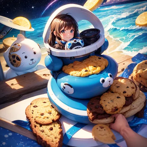 A cute space-dwelling spotted seal is eating a cookie with relish.