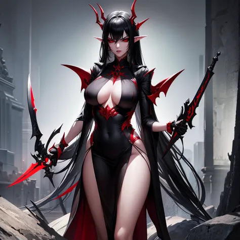 Make a dark elf with long black hair, Eyes red, long black dress, holding angry red combat knives Make her look pretty with a beautiful body Make her look like she&#39;s going to attack someone in a chaotic setting