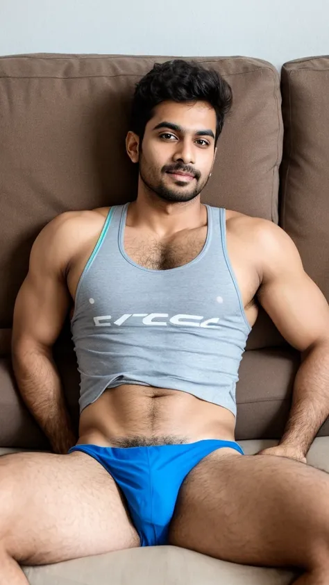 A sexy indian man wearing a tank top and a ultra thin speedo underwear, bulge, homoerotic, messy hair, detailed face and eyes, head to thighs on focus ,on a sofa, (handsome face )