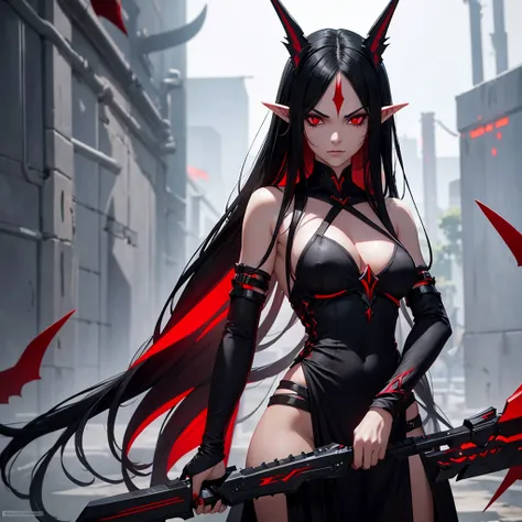 Make a dark elf with long black hair, Eyes red, long black dress, holding angry red combat knives Make her look pretty with a beautiful body Make her look like she&#39;s going to attack someone in a chaotic setting