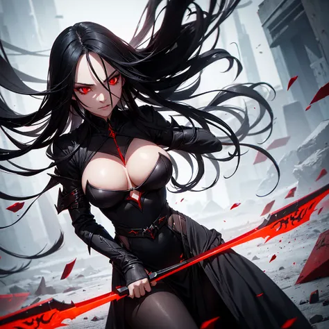 Make a dark elf with long black hair, Eyes red, long black dress, holding angry red combat knives Make her look pretty with a beautiful body Make her look like she&#39;s going to attack someone in a chaotic setting