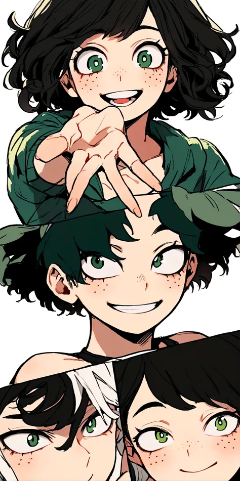 My hero academia, young girl with curly black hair and green eyes, freckles and smiling