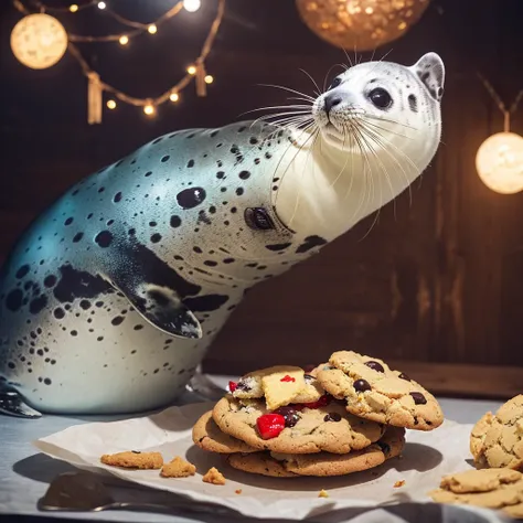 A cute space-dwelling spotted seal is eating a cookie with relish.