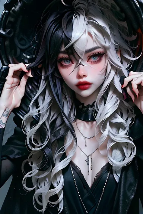 ((best quality)), ((masterpiece)), (detailed), 1girl, solo, beautiful, gothic, witch, gloomy, Asian woman, mature, black clothing, hooded black robe, modest clothing, hood up, goddess of death, blank expression, stoic expression, serious expression, split ...