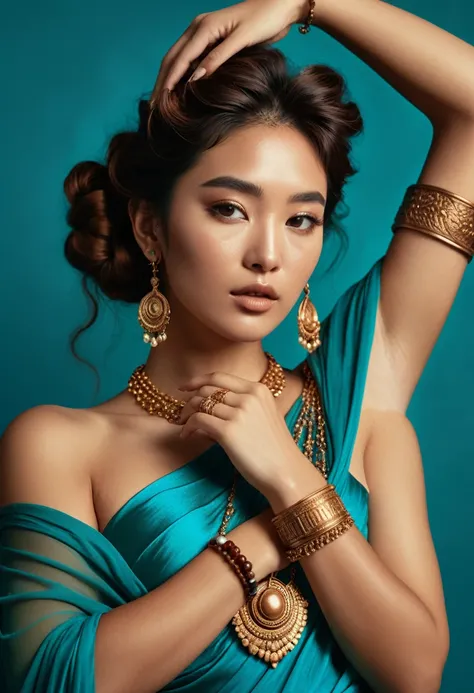 (A half-asian, asian-european, woman in the style of a greek goddess. bronze skin. Aphrodite, goddess, divine aura) (teal and bronze colours) (high contrast background) (wearing ancient jewellery on upper arms, neck, wrists, fingers) (polaroid camera) (RAW...