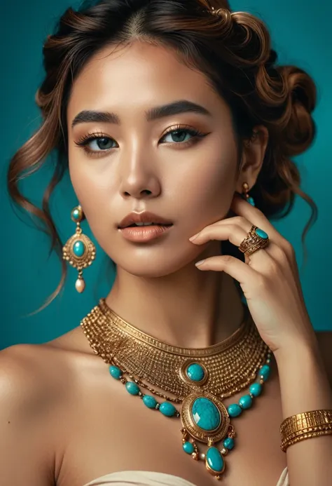 (A half-asian, asian-european, woman in the style of a greek goddess. bronze skin. Aphrodite, goddess, divine aura) (teal and bronze colours) (high contrast background) (wearing ancient jewellery on upper arms, neck, wrists, fingers) (polaroid camera) (RAW...