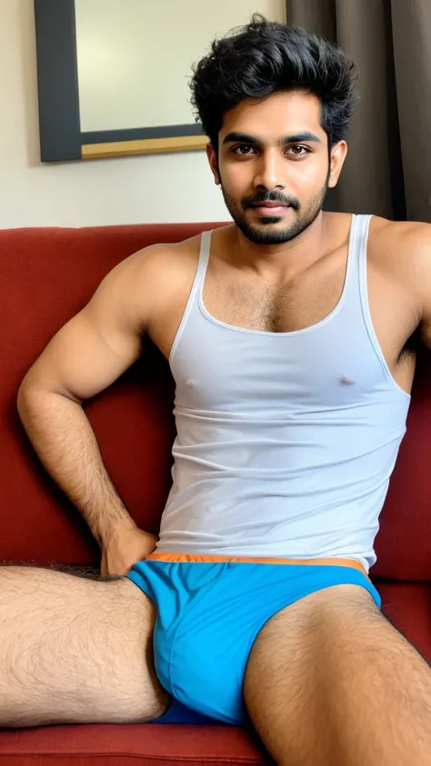 A sexy indian man wearing a tank top and a ultra thin speedo underwear, bulge, homoerotic, messy hair, detailed face and eyes, head to thighs on focus ,on a sofa, (handsome face )