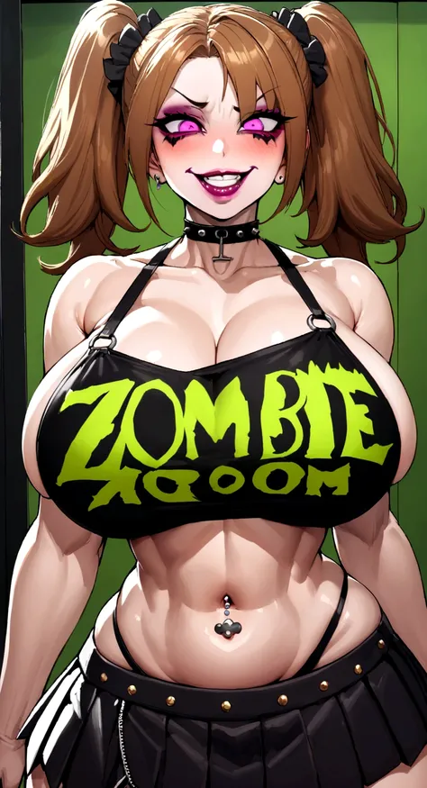 big lips, Brown hair, pink eyes, japanese face, improve, improve grin, two sides up, huge breasts, Wide hips, sexy, detailed, green room, Hits, (evil smile1.4), kawaii, pleated skirt, punk, GOOD, zombie costume, zombie shirt, zombie choker, zombie skirt, d...