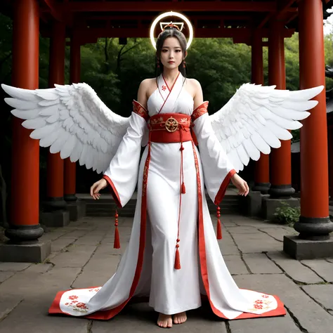 Angel girl, big white wings, halo, shrine maiden outfit, white ponytail hair, full body.