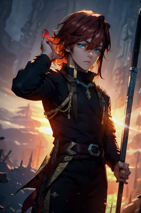 (masterpiece, best quality), intricate details, 1boy, red hair, blue eyes, arthur, black clothes, pauldrons,