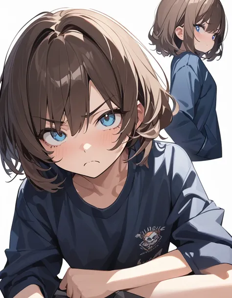 1girl, {masterpiece,best quality,ultra-detailed,beautiful detailed eyes}, {dark brown hair, chestnut hair, short hair, (short twin tail:1.2), (low twin tail:1.2)}, {Gradient eyes from black to blue, round eyes, cute eyes}, cute girl, 17 years old,(white t-...