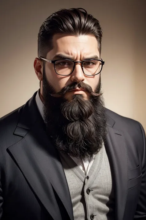 Create the image of a guy with a big beard, cut hair and dark glasses with a serious look.