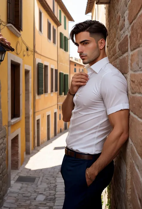  perfect italian man, short hairstyles light hairin an Italian village focus on characters face