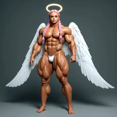 Angel femboy, huge white wings, halo, geisha outfit, pink braided hair, gigantic muscular body, full body.