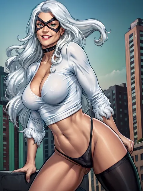 ((wearing a white tshirt)), (black panties), green eyes, detailed, (wearing a black thong), 1girl, solo, long hair, medium breasts, white hair, domino mask, full face, happy, smilling, city background, 