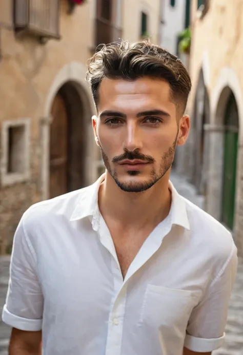 perfect italian man, short hairstyles light hairin an Italian village focus on characters face
