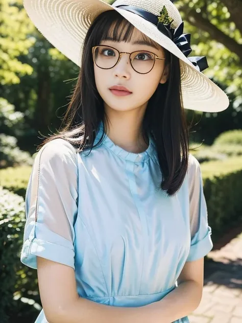 (RAW Photos, Highest quality), (Glasses), masterpiece, nature光, 1 Girl, nature, Female Model, garden, Lush, hat, sunlight, Natural Makeup, Relaxed facial expression, flower, Sunlight filtering through the trees, natureの中のベンチ, head shot