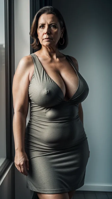 RAW photography, shadows, cinematic lighting, realistic reflections, and highly detailed, fat woman, 60 years old next to a window, wide hips, beautiful, very angry, giant breasts, short stamped summer dress, standing