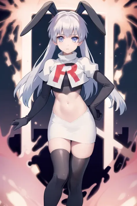 solo, yashiro kasumi, twintails, blue eyes, white hair, fake rabbit ears, team rocket,team rocket uniform,white skirt,red letter...