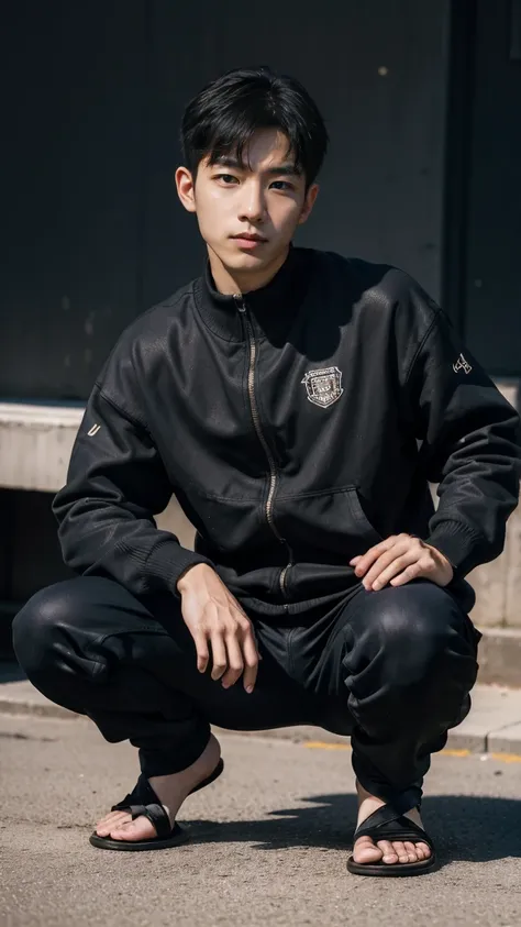 in this fascinating photo、the photo shows a handsome korean man in his 30s.、he is wearing a black tracksuit and black sandals.、 ...