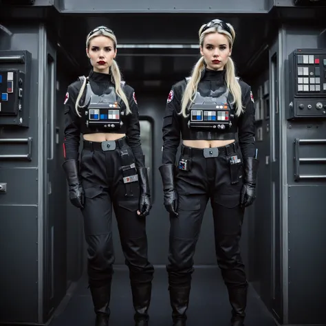 a cinematic film portrait still of a young and attractive female pale instagram model wearing tie pilot uniform, with platinum h...