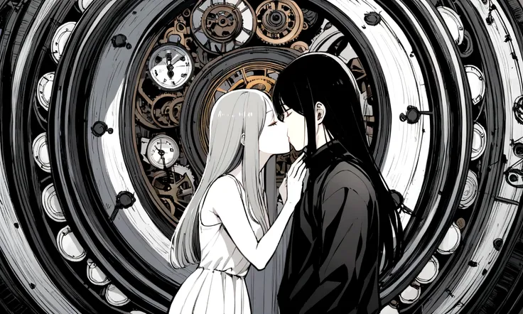 black and white drawing, giant clockwork background, 26-year-old male on the left 1, black neat hair, a lonely face, wearing gray tracksuit, Beautiful woman on the right 1, long straight hair, wearing a white dress, 서로에게 kiss하다, kiss