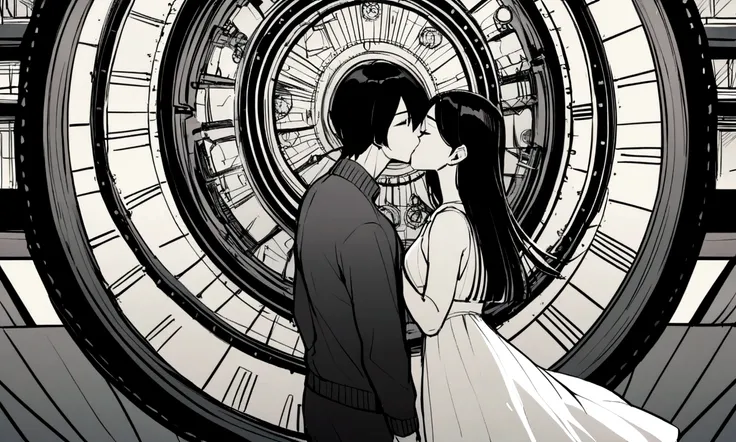 black and white drawing, giant clockwork background, 26-year-old male on the left 1, black neat hair, a lonely face, wearing gray tracksuit, Beautiful woman on the right 1, long straight hair, wearing a white dress, 서로에게 kiss하다, kiss