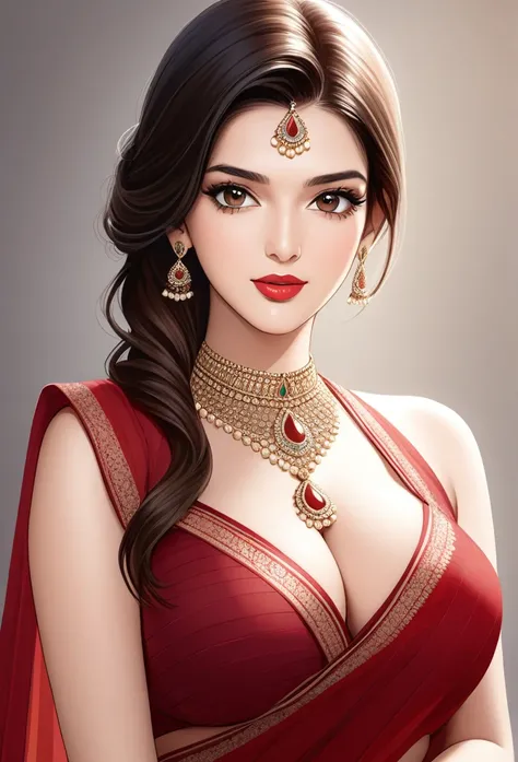 Kriti sanon wearing a beautiful saree,photorealistic,  best quality, masterpiece, realistic, highres, absurdres, kr1t1 , ((vector)),Portrait of A stunning Indian woman, see through dress , Beautiful symmetric detailed eyes. Big breast, fit body., necklace ...