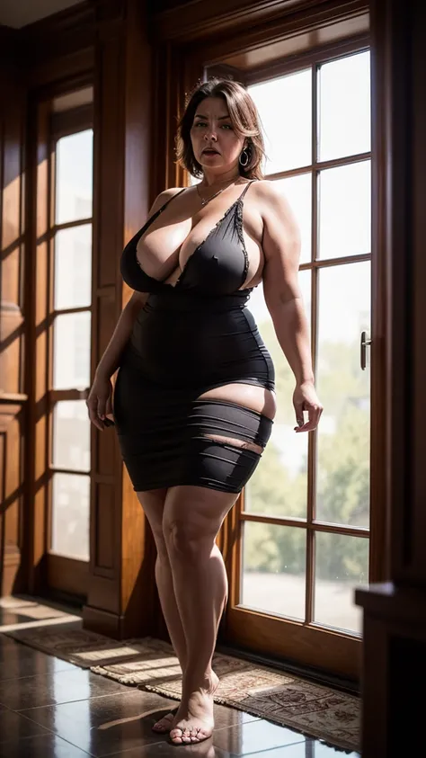 RAW photography, shadows, cinematic lighting, realistic reflections, and highly detailed, fat woman, 60 years old next to a window, wide hips, beautiful, very angry, giant breasts, very short dress of random colors dirty and torn, standing