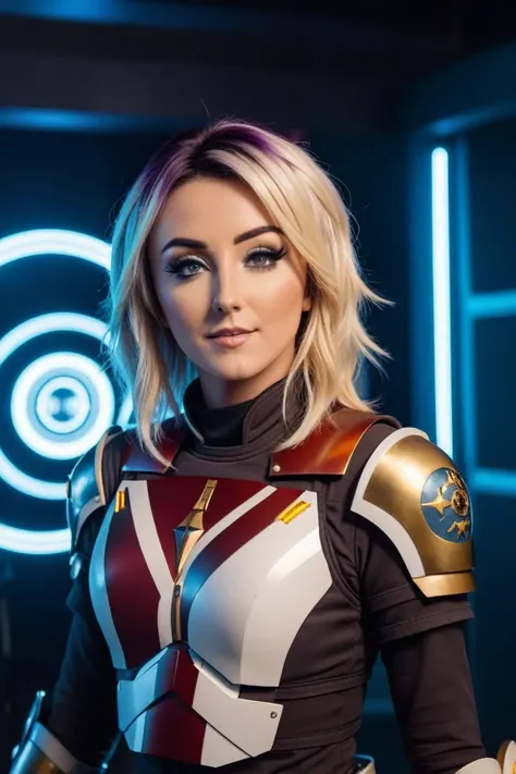 cinematic photo a photograph of a blonde Jessica Nigri wearing armor at observatory. 35mm photograph, film, bokeh, professional, shot by david lachapelle, 4k, highly detailed