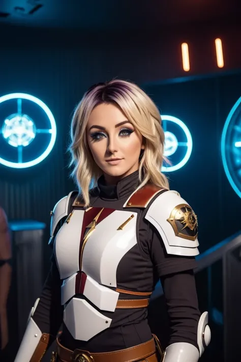 cinematic photo a photograph of a blonde Jessica Nigri wearing armor at observatory. 35mm photograph, film, bokeh, professional, shot by david lachapelle, 4k, highly detailed