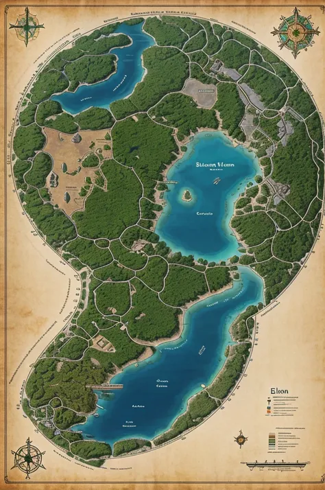 Map of an island called elysium with fantastic biomes 
