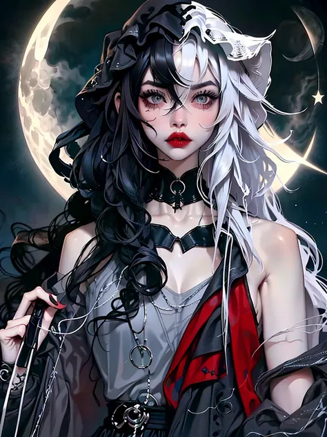 ((best quality)), ((masterpiece)), (detailed), 1girl, solo, beautiful, gothic, witch, gloomy, Asian woman, mature, black clothing, hooded black robe, modest clothing, hood up, goddess of death, blank expression, stoic expression, serious expression, split ...