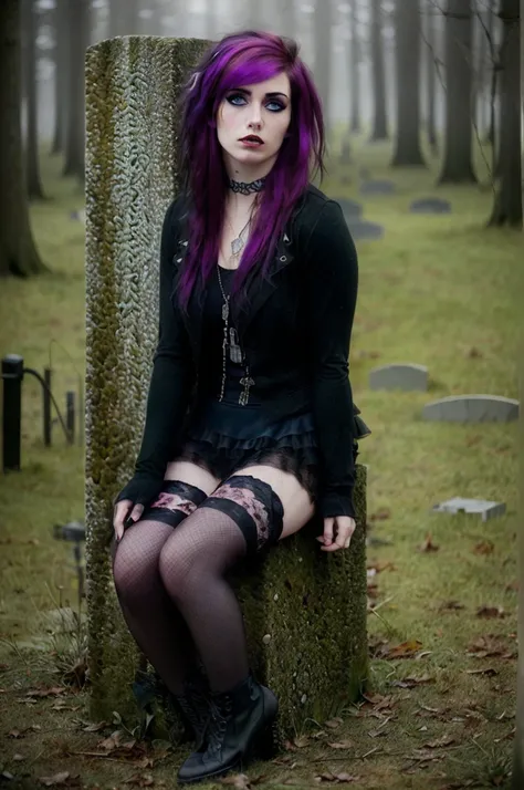 realistic, beautiful girl sitting on the edge of a tombstone in a dark misty wooded overgrown graveyard, looking at the viewer, ...