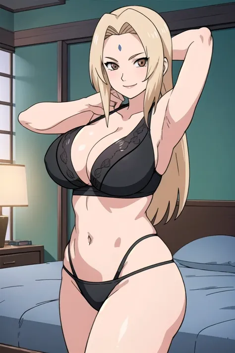 tsunade, brown eyes , blonde hair , forehead mark 
BREAK  ,    , navel ,black bra and panties , big breasts, wide hips , milf body ,((( bedroom))) , smile 
BREAK , cowboy pose , standing straight , 
BREAK looking at viewer, (cowboy shot:1.5),
BREAK (master...