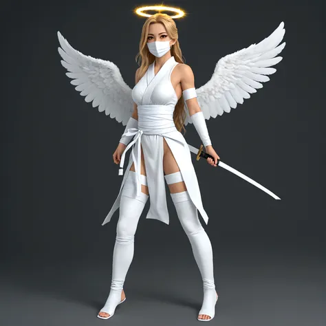 Angel girl, big white wings, halo, ninja outfit, ninja mask, long hair, full body.