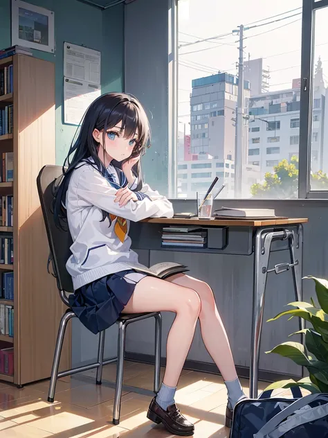 A cool girl at school popular girl sitting in jail embarrassed and shocked with books on her desk with her window open and a person outside signing for her