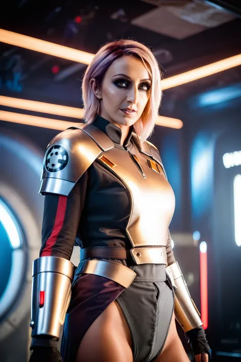 a photograph of a blonde Jessica Nigri cinematic photo sabine wren wearing armor at observatory. 35mm photograph, film, bokeh, professional, shot by david lachapelle, 4k, highly detailed
