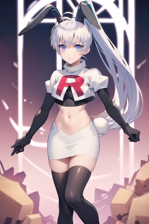 solo, yashiro kasumi, twintails, blue eyes, white hair, fake rabbit ears, team rocket,team rocket uniform,white skirt,red letter...