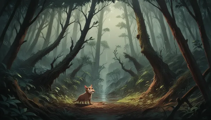 Create an image of ferocious animals inside an enchanted forest, but dark with fog, image in the Disney cartoon style, photographic image, ultra-realistic, in 4k