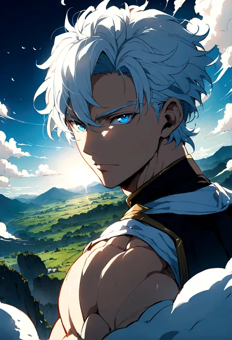 The handsome young man in anime style with long white hair, muscular , panoramic view , blue eyes 