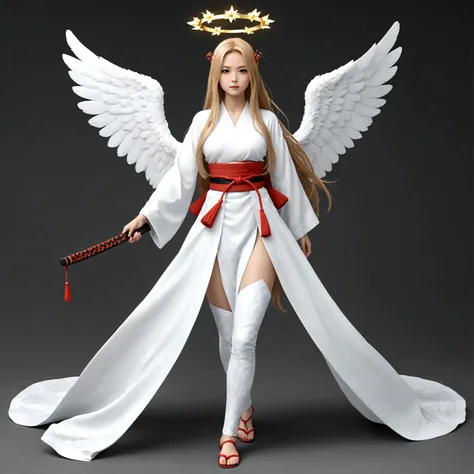 Angel girl, big white wings, halo, samurai outfit, long hair, full body.