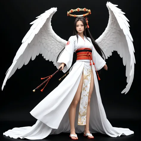 Angel girl, big white wings, halo, samurai outfit, long hair, full body.