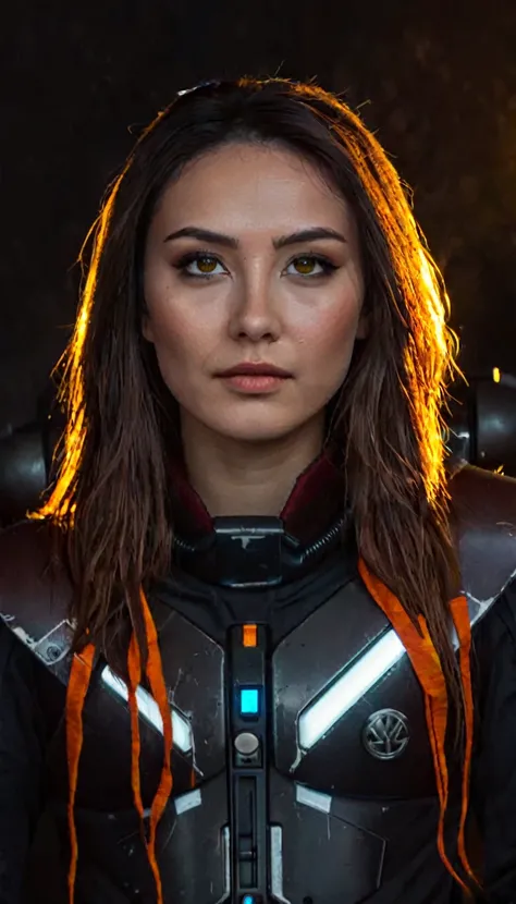 bright yellow eyes, ultra-detailed,vibrant colors,sci-fi,portrait,dramatic lighting,detailed facial features,dark background,long hair,glowing eyes,futuristic clothing,expressionless face,metallic texture,bright highlights,high contrast,radiant colors,arti...