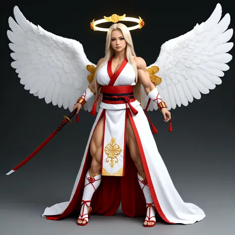 Angel girl, gigantic muscular body, big white wings, halo, samurai outfit, long hair, full body.