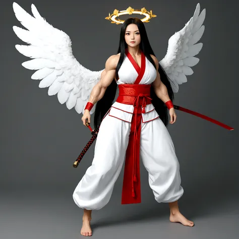 angel girl, gigantic muscular body, big white wings, halo, samurai outfit, long hair, full body.