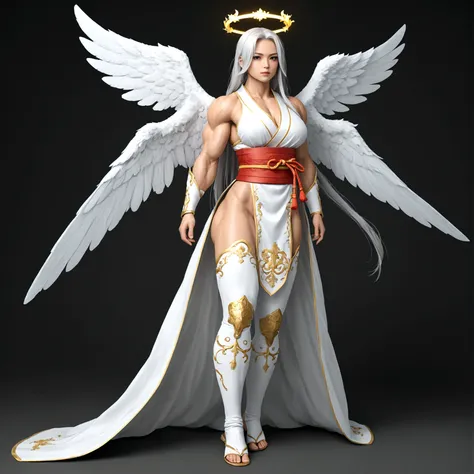 Angel girl, gigantic muscular body, big white wings, halo, samurai outfit, long hair, full body.